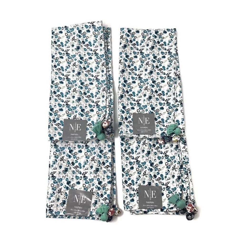 Noble Excellence Square Cloth Napkins Mint & Blue Floral Cotton 20"x20" Set of 4